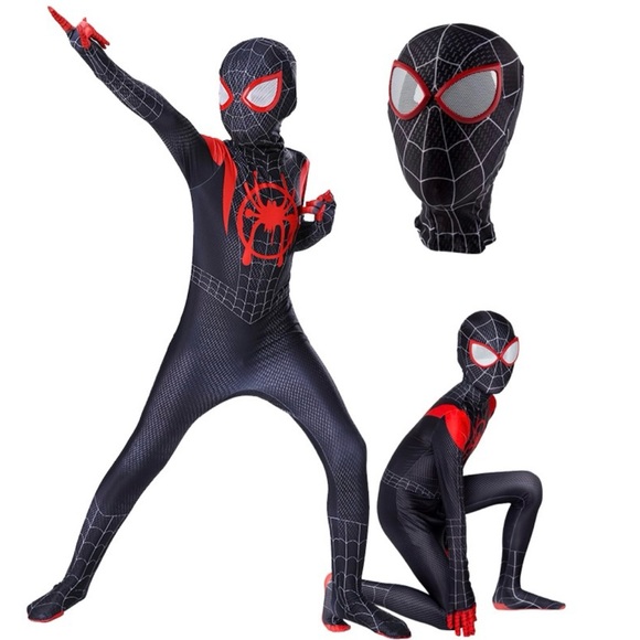 NEW Kids Miles Morales Black and Red Spider Man Full Costume Suit and Mask S-XL - Picture 1 of 16